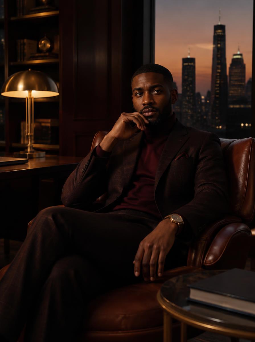 Professional in a quiet luxury office at dusk